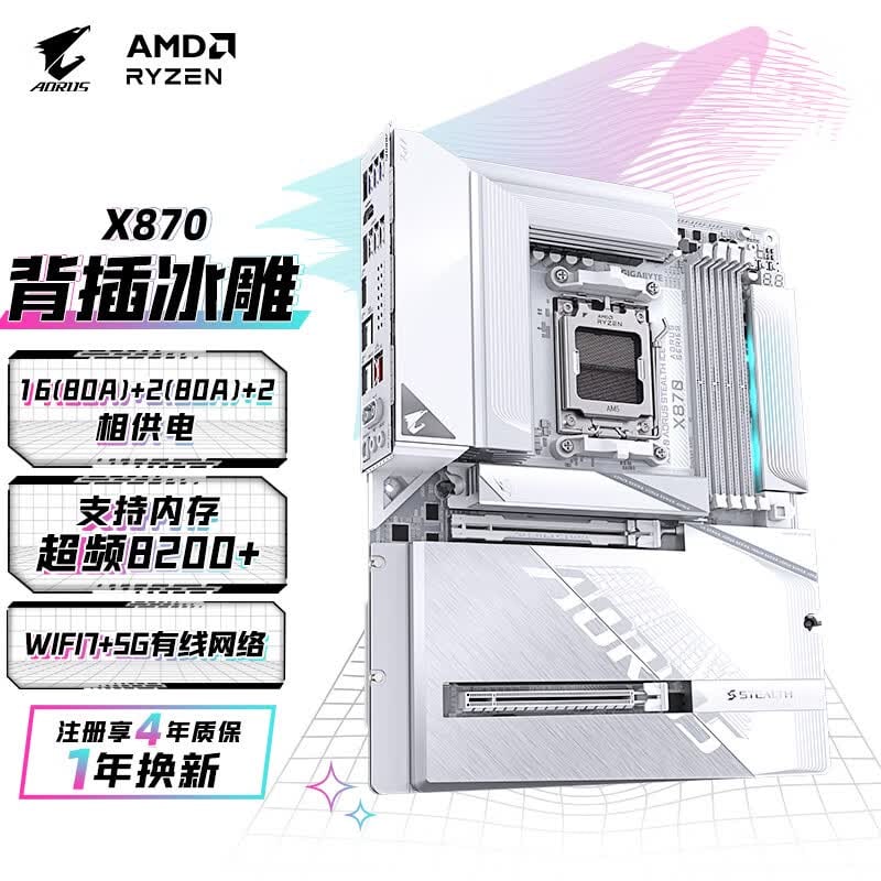技嘉 冰雕X870 AORUS STEALTH ICE WIFI7背插DDR5